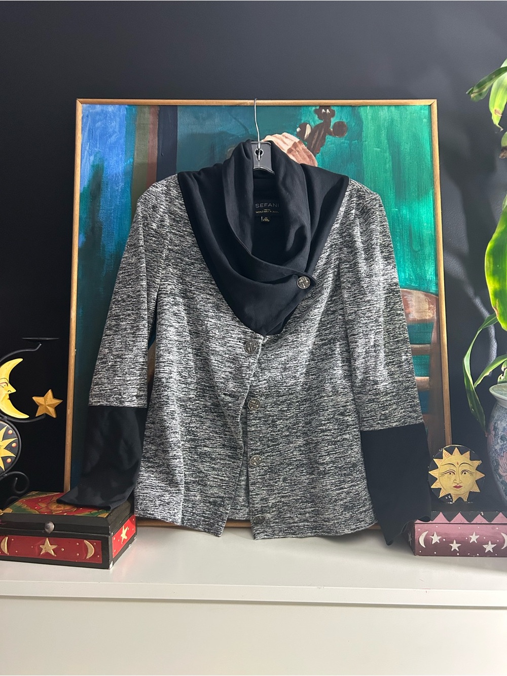 Sefani Women’s Black Gray Cowl Neck Button Cardigan Jacket Medium